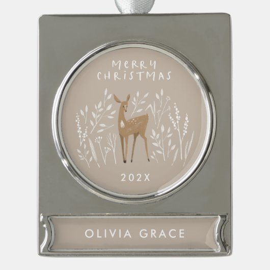 Beige natuurlijke rendierbotanische delicate elega verzilverd banner ornament (Voorkant)