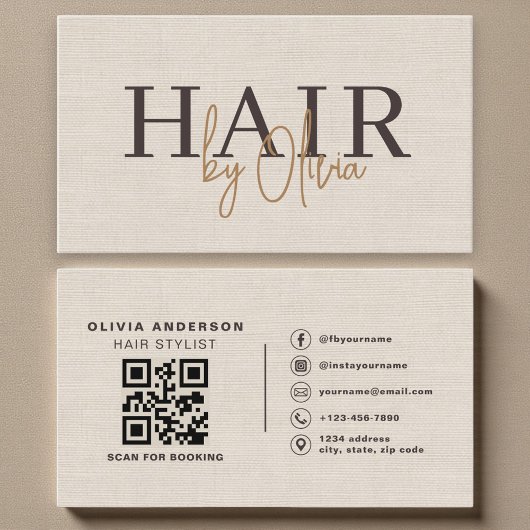 Beige Neutral Linen QR Code Hair Stylist  Visitekaartje