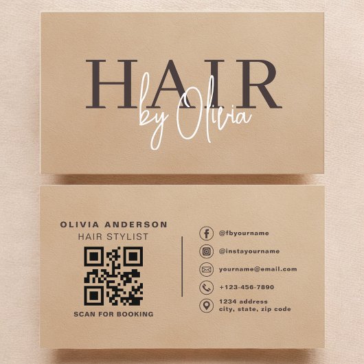 Beige Neutral Suede QR Code Hair Stylist  Visitekaartje