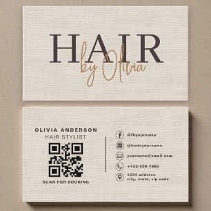 Beige Neutrale Linnen QR Code Kapper Visitekaartje