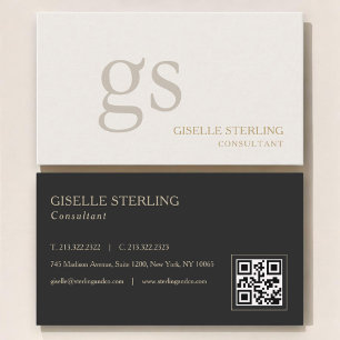 Beige Neutrale Monogram QR Code Professioneel Visitekaartje