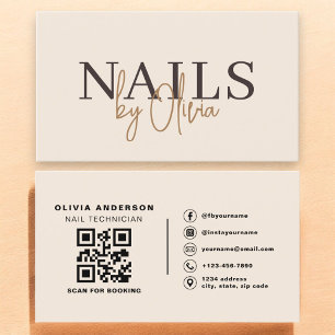 Beige Neutrale QR Code Nagel Specialist Kunstenaar Visitekaartje