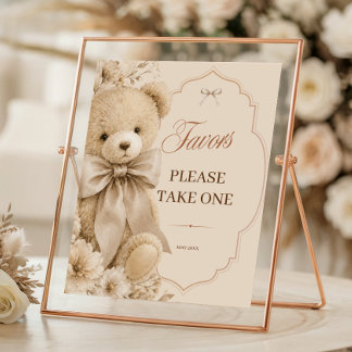 Beige Neutrale Teddybeer Baby Shower Favoren Poster