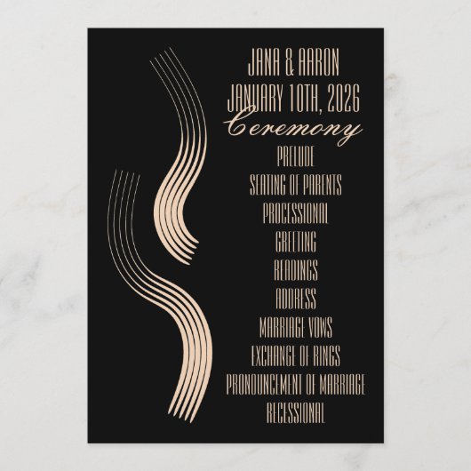 Beige-on-Black Streamline Moderne bruiloft Programma (Voorkant)