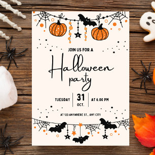 Beige Oranje Schattigee Halloween Party Invitation Feestdagenkaart
