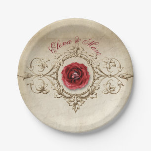 Beige Ornament en rode roos Papieren Bordje