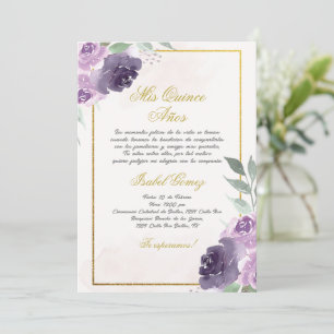 Beige Paarse Bloem Quinceanera uitnodiging