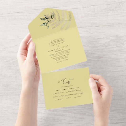 Beige Pampas Yellow Wedding All In One Uitnodiging (Afscheurbaar)