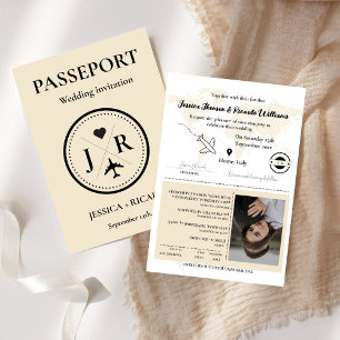 Beige paspoort Monogram Bruiloft uitnodiging