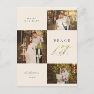 Beige Peace Joy Love Typografie 3 Foto Collage Feestdagenkaart