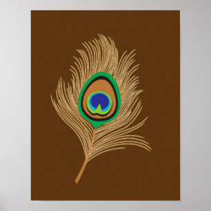 Beige peacock Feather op Chocolate Brown Poster