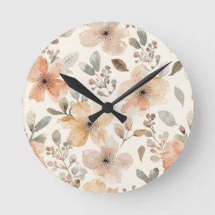 Beige Perzik Bloemige Waterverf Botanische Patroon Ronde Klok
