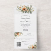 Beige Perzik Neutrale Bloemen QR code Bruiloft All In One Uitnodiging (Binnen)