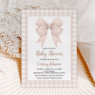 Beige Plaid en Beige Bow Baby shower Kaart
