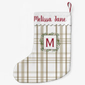 Beige Plaid Evergreen Krans Monogram Kleine Kerstsok (Achterkant)