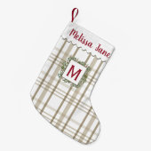 Beige Plaid Evergreen Krans Monogram Kleine Kerstsok (Voorkant (Hangend))