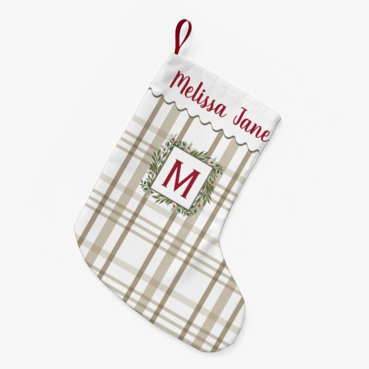Beige Plaid Evergreen Krans  Monogram Kleine Kerstsok (Voorkant (Hangend))