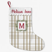 Beige Plaid Evergreen Krans Monogram Kleine Kerstsok (Voorkant)