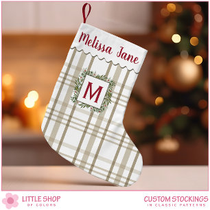 Beige Plaid Evergreen Krans Monogram Kleine Kerstsok