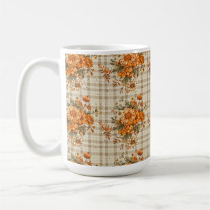 BEIGE PLAID MET ORANJE & GELE HERFST BLOEMEN KOFFIEMOK