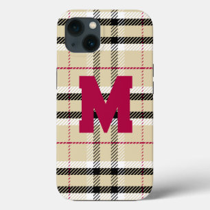 Beige Preppy Plaid Mode Monogram Gepersonaliseerd iPhone 13 Hoesje