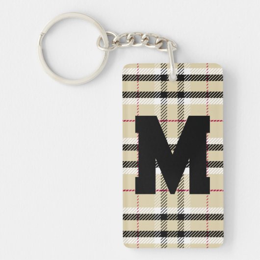 Beige Preppy Plaid Mode Monogram Gepersonaliseerd Sleutelhanger (Voorkant)
