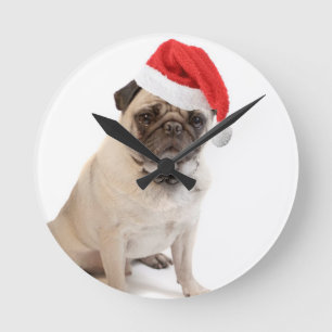 Beige pug met rode kersthoed op ronde klok