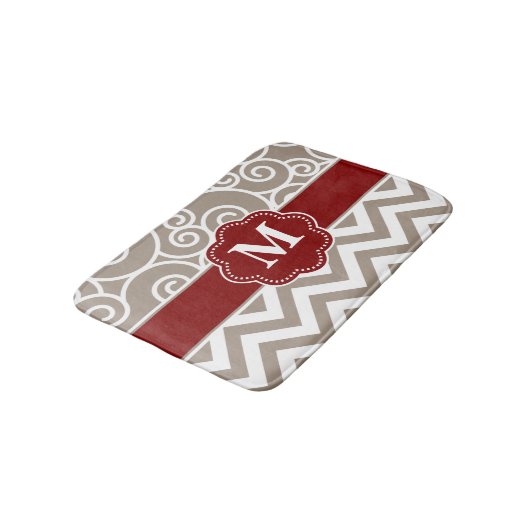 Beige Red Swirl Chevron Monogram Bathmat Badmat (Gekanteld)