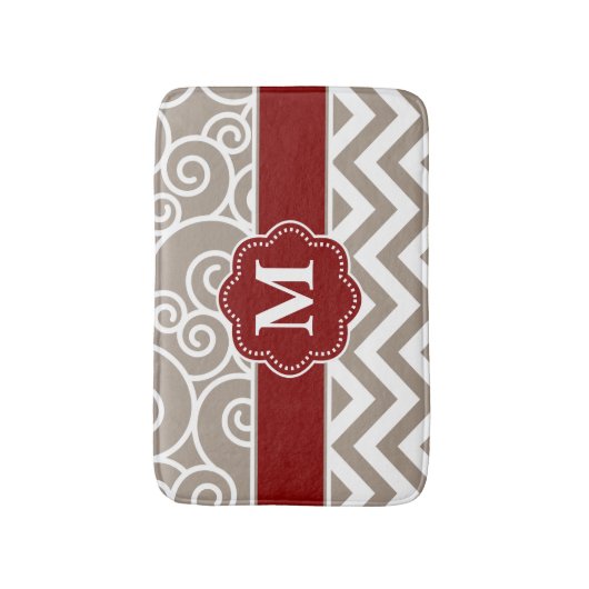 Beige Red Swirl Chevron Monogram Bathmat Badmat (Voorkant Verticaal)