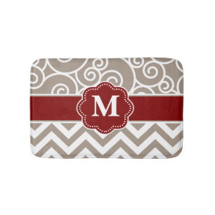 Beige Red Swirl Chevron Monogram Bathmat Badmat
