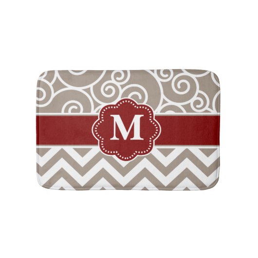 Beige Red Swirl Chevron Monogram Bathmat Badmat (Voorkant)
