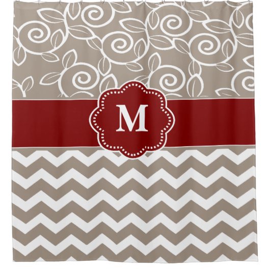 Beige Red Swirl Chevron Monogram Douchegordijn (Voorkant)