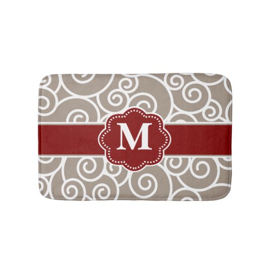Beige Red Swirl Monogram Bathmat Badmat (Voorkant)