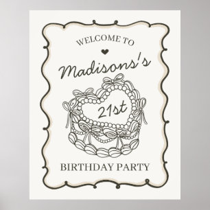 Beige Retro Hart Coquette Cake Verjaardag Welkom Poster