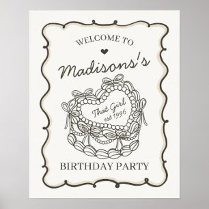 Beige Retro Hart Coquette Cake Verjaardag Welkom Poster