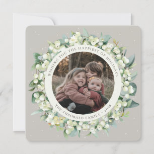 Beige Ronde/Vierkante Sneeuwbes+Eucalyptus Foto Feestdagenkaart