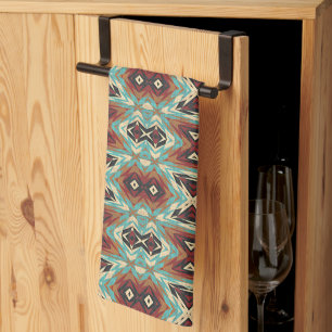 Beige Rood Bruin Aqua Blauw Groen Zwart Tribal Art Theedoek