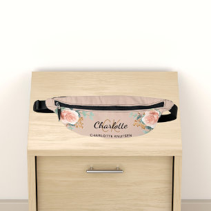 Beige roos gouden bloemengroen naam monogram heuptasje