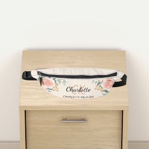 Beige roos gouden bloemengroen naam monogram heuptasje