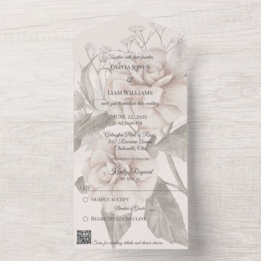Beige Roos Silhouet QR Code All In One Uitnodiging (Binnen)