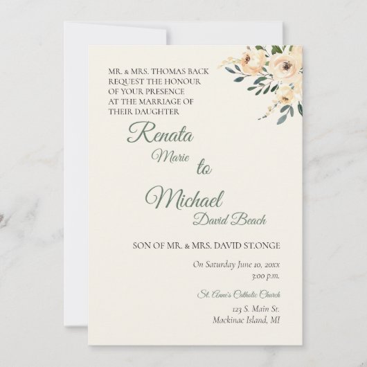 Beige Roos Wedding Invitation Kaart (Voorkant)