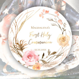 beige roze bloemen Eerste Heilige Communie Ronde Sticker