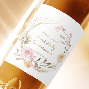 beige roze bloemen Eerste Heilige Communie Wijn Etiket
