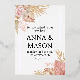 Beige roze Waterverf Boho Tropische Floral Wedding Folie Uitnodiging