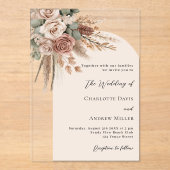 Beige rozen pampas grasboog duidelijke boho bruilo acryl uitnodigingen (Voorkant)