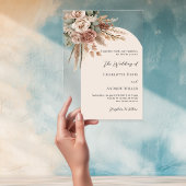 Beige rozen pampas grasboog duidelijke boho bruilo acryl uitnodigingen
