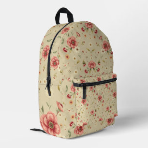 Beige Rugzak met Rode Bloemen Patroon