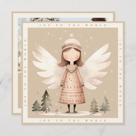 Beige rustieke engel 1 foto Platte vakantie Kaart (Voorkant / Achterkant)