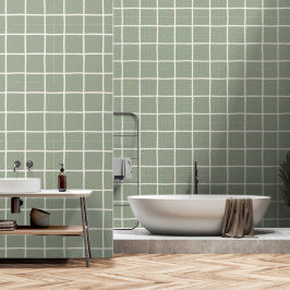 Beige Salie Groene Raster Geruite Scandi Minimalis Behang
