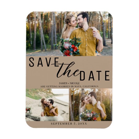 Beige Save the Date Wedding 3 foto's Magneet (Verticaal)